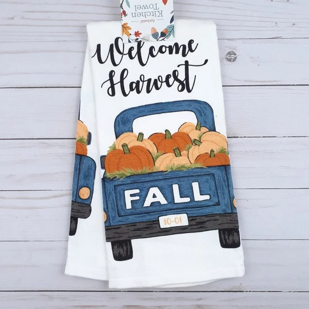 Fall Kitchen Dish Towel Dual Purpose Pumpkin Welcome Harvest Blue Truck
